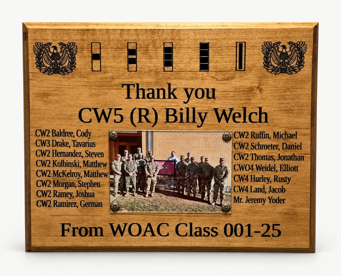Wooden military class thank-you plaque